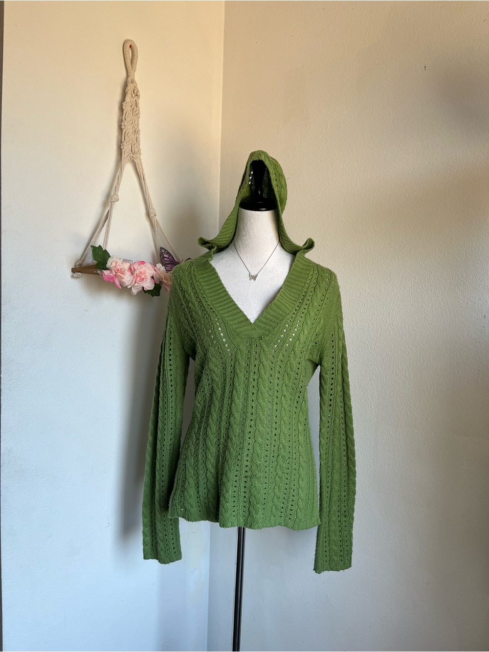 Y2K Green Hooded Knit Sweater size large